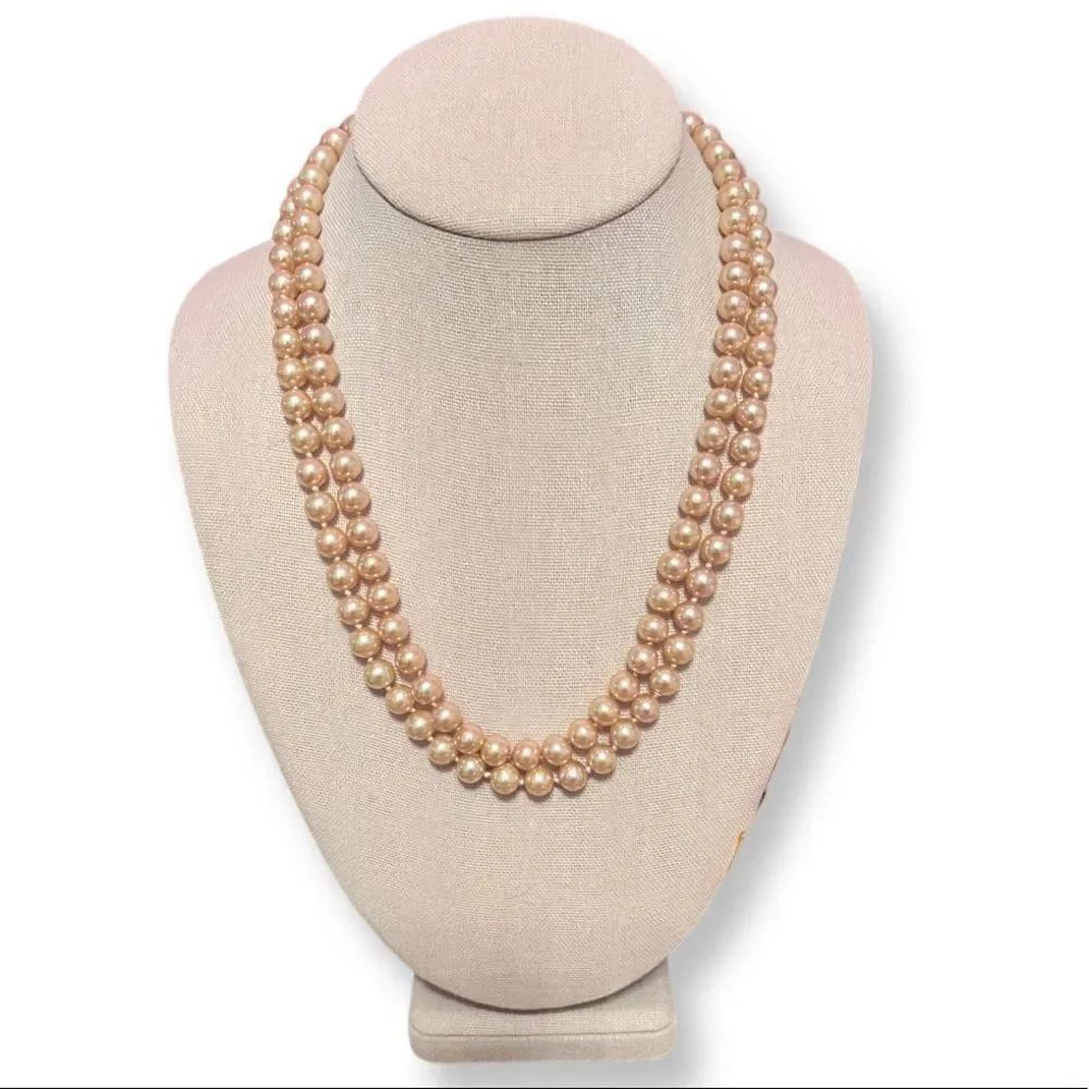 Vintage Double Strand Faux Pearl Necklace With CZ And Pearl Clasp